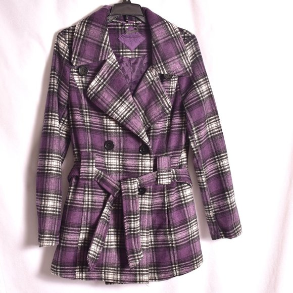Jou Jou Purple Plaid Double Breasted Pea Coat